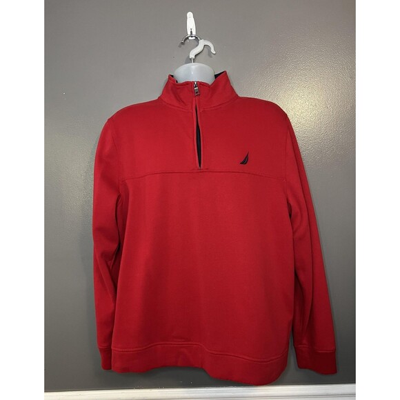 Nautica Pullover Mens Large Red Quarter Zip Sweatshirt Embroidered Logo Classic - Picture 1 of 6